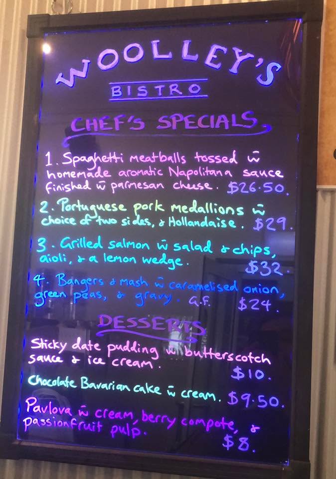 Featured image for “Chef’s Specials at Woolley’s Bistro – Club Bombala”